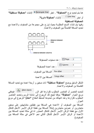 ‫اوتوكاد‬ ‫اساسٌات‬2202
97
‫نوع‬ ‫تحدٌد‬ ‫ٌتم‬ ‫هنا‬"‫المصفوفة‬".‫اختر‬‫إل‬‫نش‬‫اء‬"‫مصفوفة‬‫مستطٌلة‬"
‫أو‬‫اختر‬‫إل‬‫نشاء‬"‫دائرٌة‬ ‫مصفوفة‬".
‫المستطٌلة‬ ‫المصفوفة‬
‫ٌتم‬ ‫وفٌها‬‫إنشاء‬‫الص‬ ‫من‬ ‫مجموعة‬ ‫على‬ ‫توزع‬ ‫بحٌث‬ ‫المطلوبة‬ ‫النسخ‬‫ف‬‫مع‬ ‫واالعمدة‬ ‫وؾ‬
‫المسافة‬ ‫تحدٌد‬‫ال‬‫فاصلة‬.‫واالعمدة‬ ‫الصفوؾ‬ ‫بٌن‬
:‫المصفوفة‬ ‫صفوؾ‬ ‫عدد‬
:‫المصفوفة‬ ‫اعمدة‬ ‫عدد‬
‫الصفوؾ‬ ‫بٌن‬ ‫المسافة‬
‫االعمدة‬ ‫بٌن‬ ‫المسافة‬
‫الشكل‬‫السابق‬‫ٌوضح‬"‫مصفوفة‬‫مستطٌلة‬"‫ذات‬‫صفٌن‬‫و‬‫أربع‬‫ة‬‫المسافة‬ ‫تحدٌد‬ ‫مع‬ ‫اعمدة‬
‫ال‬‫فاصلة‬.‫واالعمدة‬ ‫الصفوؾ‬ ‫بن‬
‫العنصر‬ ‫لتحدٌد‬‫أو‬‫تكرارها‬ ‫المطلوب‬ ‫العناصر‬‫انقر‬‫الزر‬ً‫فٌختف‬
‫الحوار‬ ‫مربع‬"‫مصفوفة‬"‫الرجوع‬ ‫لك‬ ‫لٌتٌح‬ ‫مإقتا‬‫إلى‬‫العناصر‬ ‫وتحدٌد‬ ‫الرسم‬ ‫شاشة‬
‫انتها‬ ‫وعند‬ ‫تكرارها‬ ‫المطلوب‬‫ئ‬‫تحدٌدها‬ ‫من‬ ‫ك‬‫ضؽط‬‫أ‬" ‫المفتاح‬‫ادخال‬‫للرجوع‬ "‫إلى‬‫مربع‬
.‫الحوار‬
‫الص‬ ‫بٌن‬ ‫المسافة‬‫ف‬‫وؾ‬‫أو‬‫صف‬ ‫على‬ ‫متشابهتٌن‬ ‫نقطتٌن‬ ‫بٌن‬ ‫المسافة‬ ً‫ه‬ ‫االعمدة‬ٌ‫ن‬
‫متجاورٌن‬‫أو‬( ‫متجاورٌن‬ ‫عمودٌن‬‫مثال‬‫األ‬ ‫الركن‬ ‫نقطة‬ ‫بٌن‬ ‫المسافة‬‫ٌسر‬‫األ‬‫سفل‬‫للشكل‬
‫األ‬‫ول‬‫ا‬ ‫الركن‬ ‫نقطة‬ ‫مع‬‫أل‬‫ٌسر‬‫األ‬‫سفل‬‫بٌن‬ ‫المسافة‬ ‫تحدٌد‬ ‫حالة‬ ً‫ف‬ ‫له‬ ‫المجاور‬ ‫للشكل‬
‫االعمدة‬‫أو‬‫األ‬ ‫الركن‬‫ٌسر‬‫األ‬‫سفل‬‫للشكل‬ً‫التال‬‫األ‬ ‫نحو‬‫على‬‫بٌن‬ ‫المسافة‬ ‫حالة‬ ً‫ف‬
)‫الصفوؾ‬
 