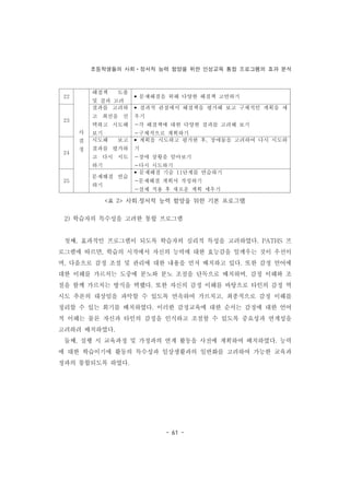 초등학생들의 사회ㆍ정서적 능력 함양을 위한 인성교육 통합 프로그램의 효과 분석
- 61 -
22
사
결
정
해결책 도출
및 결과 고려
• 문제해결을 위해 다양한 해결책 고안하기
23
결과를 고려하
고 최선을 선
택하고 시도해
보기
• 결과적 관점에서 해결책을 평가해 보고 구체적인 계획을 세
우기
-각 해결책에 대한 다양한 결과를 고려해 보기
-구체적으로 계획하기
24
시도해 보고
결과를 평가하
고 다시 시도
하기
• 계획을 시도하고 평가한 후, 장애물을 고려하여 다시 시도하
기
-장애 상황을 알아보기
-다시 시도하기
25
문제해결 연습
하기
• 문제해결 기술 11단계를 연습하기
-문제해결 계획서 작성하기
-실제 적용 후 새로운 계획 세우기
<표 2> 사회․정서적 능력 함양을 위한 기본 프로그램
2) 학습자의 특수성을 고려한 통합 프로그램
첫째, 효과적인 프로그램이 되도록 학습자의 심리적 특성을 고려하였다. PATHS 프
로그램에 따르면, 학습의 시작에서 자신의 능력에 대한 효능감을 일깨우는 것이 우선이
며, 다음으로 감정 조절 및 관리에 대한 내용을 먼저 배치하고 있다. 또한 감정 언어에
대한 이해를 가르치는 도중에 분노와 분노 조절을 단독으로 배치하며, 감정 이해와 조
절을 함께 가르치는 방식을 택했다. 또한 자신의 감정 이해를 바탕으로 타인의 감정 역
시도 추론의 대상임을 파악할 수 있도록 연속하여 가르치고, 최종적으로 감정 이해를
정리할 수 있는 회기를 배치하였다. 이러한 감정교육에 대한 순서는 감정에 대한 언어
적 이해는 물론 자신과 타인의 감정을 인식하고 조절할 수 있도록 중요성과 연계성을
고려하려 배치하였다.
둘째, 실행 시 교육과정 및 가정과의 연계 활동을 사전에 계획하여 배치하였다. 능력
에 대한 학습이기에 활동의 특수성과 일상생활과의 일반화를 고려하여 가능한 교육과
정과의 통합되도록 하였다.
 