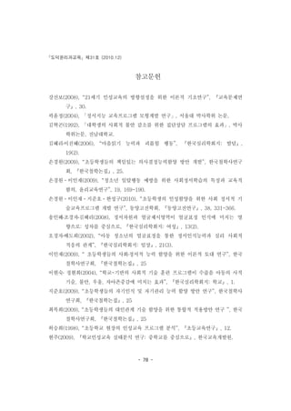 도덕윤리과교육 제31호 (2010.12)
- 78 -
참고문헌
강선보(2008), “21세기 인성교육의 방향설정을 위한 이론적 기초연구”, 『교육문제연
구』, 30.
곽윤정(2004), 「정서지능 교육프로그램 모형계발 연구」, 서울대 박사학위 논문.
김혁곤(1992), 「대학생의 사회적 불안 감소를 위한 집단상담 프로그램의 효과」, 박사
학위논문, 전남대학교.
김혜리․이진혜(2006), “마음읽기 능력과 괴롭힘 행동”, 『한국심리학회지: 발달』,
19(2).
손경원(2009), “초등학생들의 책임있는 의사결정능력함양 방안 개발”, 한국철학사연구
회, 『한국철학논집』, 25.
손경원ㆍ이인재(2009), “청소년 일탈행동 예방을 위한 사회정서학습의 특징과 교육적
함의, 윤리교육연구”, 19, 169-190.
손경원ㆍ이인재ㆍ지준호ㆍ한성구(2010), “초등학생의 인성함양을 위한 사회 정서적 기
술교육프로그램 개발 연구”, 동양고전학회, 『동양고전연구』, 38, 331-366.
송인혜․조경자․김혜리(2008), 정서차원과 얼굴제시영역이 얼굴표정 인식에 미치는 영
향으로: 성차를 중심으로, 『한국심리학회지: 여성』, 13(2).
오경자․배도희(2002), “아동 청소년의 얼굴표정을 통한 정서인식능력과 심리 사회적
적응의 관계”, 『한국심리학회지: 임상』, 21(3).
이인재(2009), “ 초등학생들의 사회․정서적 능력 함양을 위한 이론적 토대 연구”, 한국
철학사연구회, 『한국철학논집』, 25
이현숙․ 정현희(2004), “학교-기반의 사회적 기술 훈련 프로그램이 수줍음 아동의 사적
기술, 불안, 우울, 자아존중감에 미치는 효과”, 『한국심리학회지: 학교』, 1.
지준호(2009), “초등학생들의 자기인식 및 자기관리 능력 함양 방안 연구”, 한국철학사
연구회, 『한국철학논집』, 25
최복희(2009), “초등학생들의 대인관계 기술 함양을 위한 통합적 적용방안 연구 ”, 한국
철학사연구회, 『한국철학논집』, 25
허승희(1998), “초등학교 현장의 인성교육 프로그램 분석”, 『초등교육연구』, 12.
현주(2009), 『학교인성교육 실태분석 연구: 중학교를 중심으로』, 한국교육개발원.
 