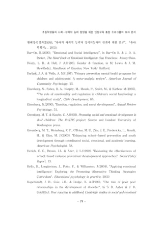 초등학생들의 사회ㆍ정서적 능력 함양을 위한 인성교육 통합 프로그램의 효과 분석
- 79 -
황혜정․김경회(1999), “유아의 사회적 능력과 정서지능과의 관계에 대한 연구”, 『유아
학회지』, 20(3).
Bar-On, R.(2000), “Emotional and Social Intelligence”, in Bar-On R. & J. D. A.
Parker, The Hand Book of Emotional Intelligence, San Francisco: Jossey-Bass.
Brody, L. R., & Hall, J. A.(1993), Gender & Emotion, in M. Lewis & J. M.
Hawil(eds), Handbook of Emotion, New York: Guilford.
Durlark, J. A. & Wells, A. M.(1997), "Primary prevention mental health programs for
children and adolescents: A meta-analytic review", American Journal of
Community Psychology, 25.
Eisenberg, N., Fabes, R. A., Nurphy, M., Maszk, P., Smith, M., & Karbon, M.(1995),
"The role of emotionality and regulation in children's social functioning: a
longitudinal study", Child Development, 66.
Eisenberg, N.(2000), "Emotion, regulation, and moral development", Annual Review
Psychology, 51.
Greenberg, M. T. & Kusche, C. A.(1993), Promoting social and emotional development in
deaf children: The PATHS project, Seattle and London: University of
Washington press.
Greenberg, M. T., Weissberg, R. P., O'Brien, M. U., Zins, J. E., Fredericks, L., Resnik,
H., & Elias, M. J.(2003), "Enhancing school-based prevention and youth
development through coordinated social, emotional, and academic learning,
American Psychologist, 58.
Herich, C. C., Brown, J.L. & Aber, J. L.(1999), "Evaluating the effectiveness of
school-based violence prevention: developmental approaches", Social Policy
Report, 13.
Kelly, B., Longbottom, J., Potts, F., & Williamson, J.(2004), "Applying emotional
intelligence: Exploring the Promoting Alternative Thinking Strategies
Curriculum", Educational psychology in practice, 20(3)
Kupersmidt, J. B., Coie, J.D., & Dodge, K. A.(1990), "The role of poor peer
relationships in the development of disorder", In S. R. Asher & J. D.
Coie(Eds.), Peer rejection in childhood, Cambridge studies in social and emotional
 