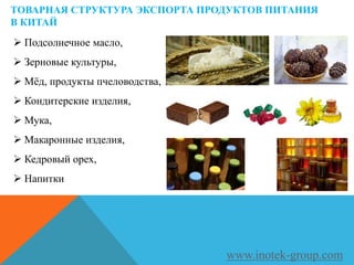ТОВАРНАЯ СТРУКТУРА ЭКСПОРТА ПРОДУКТОВ ПИТАНИЯ
В КИТАЙ
www.inotek-group.com
 Подсолнечное масло,
 Зерновые культуры,
 Мёд, продукты пчеловодства,
 Кондитерские изделия,
 Мука,
 Макаронные изделия,
 Кедровый орех,
 Напитки
 