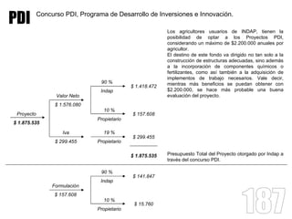 PDI         Concurso PDI, Programa de Desarrollo de Inversiones e Innovación.

                                                            Los agricultores usuarios de INDAP, tienen la
                                                            posibilidad de optar a los Proyectos PDI,
                                                            considerando un máximo de $2.200.000 anuales por
                                                            agricultor.
                                                            El destino de este fondo va dirigido no tan solo a la
                                                            construcción de estructuras adecuadas, sino además
                                                            a la incorporación de componentes químicos o
                                                            fertilizantes, como así también a la adquisición de
                                                            implementos de trabajo necesarios. Vale decir,
                                 90 %                       mientras más beneficios se puedan obtener con
                                              $ 1.418.472
                                 Indap                      $2.200.000, se hace más probable una buena
                  Valor Neto                                evaluación del proyecto.
                  $ 1.576.080
                                  10 %
 Proyecto                                     $ 157.608
                                Propietario
$ 1.875.535

                     Iva          19 %
                                              $ 299.455
                  $ 299.455     Propietario

                                              $ 1.875.535   Presupuesto Total del Proyecto otorgado por Indap a
                                                            través del concurso PDI.

                                 90 %
                                              $ 141.847
                                 Indap
                 Formulación
                  $ 157.608
                                  10 %
                                               $ 15.760
                                Propietario
 