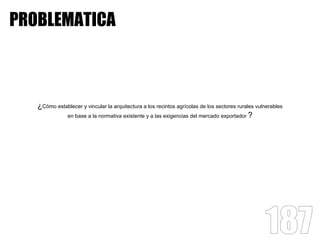 PROBLEMATICA



   ¿Cómo establecer y vincular la arquitectura a los recintos agrícolas de los sectores rurales vulnerables
             en base a la normativa existente y a las exigencias del mercado exportador ?
 