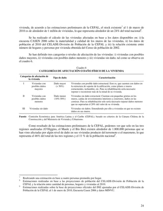 vivienda, de acuerdo a las estimaciones preliminares de la CEPAL, el stock existente7 al 1 de marzo de 
2010 es de alrededor de 1 millón de viviendas, lo que representa alrededor de un 24% del total nacional8. 
Se ha realizado el cálculo de las viviendas afectadas en base a los datos disponibles en: i) la 
encuesta CASEN 2006 sobre la materialidad y calidad de los muros de las viviendas, ii) los datos de 
población al 2010 del CELADE-División de Población de la CEPAL y iii) la relación existente entre 
número de hogares y personas por vivienda obtenida del Censo de población de 2002. 
Se han definido tres categorías o niveles de afectación de las viviendas: i) viviendas con posibles 
daños mayores, ii) viviendas con posibles daños menores y iii) viviendas sin daño, tal como se observa en 
el cuadro 6. 
24 
Cuadro 6 
CATEGORÍAS DE AFECTACIÓN O DAÑO FÍSICO DE LA VIVIENDA 
Categorías de afectación de 
la vivienda 
Tipo de daño Caracterización 
I Viviendas con 
posibles daños 
mayores 
Daño mayor 
(> 50%) 
Viviendas con posible daño estructural. Esto es, que cuenten con daños en 
la estructura de soporte de la edificación, como pilares o muros 
estructurales, techumbre, etc. Para su rehabilitación sería necesario 
reponer o reconstruir más de la mitad de su vivienda. 
II Viviendas con 
posibles daños 
menores 
Daño menor 
(10%-50%) 
Viviendas sin daño estructural. Cuentan con pequeñas grietas en los 
muros, caídas de revestimientos interiores y exteriores, daños en las 
cornisas. Para su rehabilitación solo sería necesario reparar daños menores 
que no superarían el 20% del valor de su vivienda. 
III Viviendas sin daño Viviendas sin daños. Entendiendo por ello a viviendas en que no existen 
daños en sus muros. 
Fuente: Comisión Económica para América Latina y el Caribe (CEPAL), basado en criterios de la Cámara Chilena de la 
Construcción y del Ministerio de Vivienda y Urbanismo. 
Como resultado de las estimaciones preliminares de la CEPAL, podemos ver que solo en las tres 
regiones analizadas (O’Higgins, el Maule y el Bío Bío) existen alrededor de 1.800.000 personas que se 
han visto afectadas por algún nivel de daño en sus viviendas producto del terremoto o el maremoto, lo que 
representa el 46% del total de las tres regiones y el 11 % de la población nacional9. 
7 Realizando una estimación en base a cuatro personas promedio por hogar. 
8 Estimaciones realizadas en base a las proyecciones de población del CELADE-División de Población de la 
CEPAL y la relación entre cantidad de personas, hogares y viviendas al 2010. 
9 Estimaciones realizadas sobre la base de proyecciones oficiales del INE ajustadas por el CELADE-División de 
Población de la CEPAL al 1 de enero de 2010, Encuesta Casen 2006 y datos MINVU. 
 