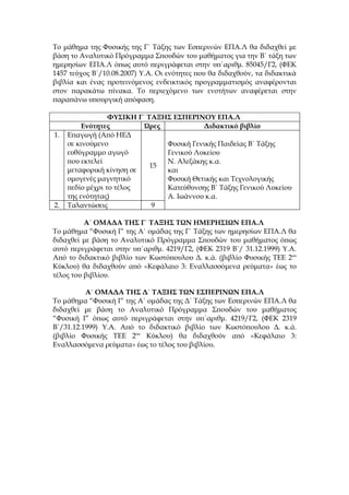 Το μάθημα της Φυσικής της Γ΄ Τάξης των Εσπερινών ΕΠΑ.Λ θα διδαχθεί με
βάση το Αναλυτικό Πρόγραμμα Σπουδών του μαθήματος για την Β΄ τάξη των
ημερησίων ΕΠΑ.Λ όπως αυτό περιγράφεται στην υπ΄αριθμ. 85045/Γ2, (ΦΕΚ
1457 τεύχος Β΄/10.08.2007) Υ.Α. Οι ενότητες που θα διδαχθούν, τα διδακτικά
βιβλία και ένας προτεινόμενος ενδεικτικός προγραμματισμός αναφέρονται
στον παρακάτω πίνακα. Το περιεχόμενο των ενοτήτων αναφέρεται στην
παραπάνω υπουργική απόφαση.

                  ΦΥΣΙΚΗ Γ΄ ΤΑΞΗΣ ΕΣΠΕΡΙΝΟΥ ΕΠΑ.Λ
          Ενότητες         Ώρες           Διδακτικό βιβλίο
1.   Επαγωγή (Από ΗΕΔ
     σε κινούμενο               Φυσική Γενικής Παιδείας Β΄ Τάξης
     ευθύγραμμο αγωγό           Γενικού Λυκείου
     που εκτελεί                Ν. Αλεξάκης κ.α.
                             15
     μεταφορική κίνηση σε       και
     ομογενές μαγνητικό         Φυσική Θετικής και Τεχνολογικής
     πεδίο μέχρι το τέλος       Κατεύθυνσης Β΄ Τάξης Γενικού Λυκείου
     της ενότητας)              Α. Ιωάννου κ.α.
2.   Ταλαντώσεις              9

          Α΄ ΟΜΑΔΑ ΤΗΣ Γ΄ ΤΑΞΗΣ ΤΩΝ ΗΜΕΡΗΣΙΩΝ ΕΠΑ.Λ
Το μάθημα “Φυσική Ι” της Α΄ ομάδας της Γ΄ Τάξης των ημερησίων ΕΠΑ.Λ θα
διδαχθεί με βάση το Αναλυτικό Πρόγραμμα Σπουδών του μαθήματος όπως
αυτό περιγράφεται στην υπ΄αριθμ. 4219/Γ2, (ΦΕΚ 2319 Β΄/ 31.12.1999) Υ.Α.
Από το διδακτικό βιβλίο των Κωστόπουλου Δ. κ.ά. (βιβλίο Φυσικής ΤΕΕ 2ου
Κύκλου) θα διδαχθούν από «Κεφάλαιο 3: Εναλλασσόμενα ρεύματα» έως το
τέλος του βιβλίου.

          A΄ ΟΜΑΔΑ ΤΗΣ Δ΄ ΤΑΞΗΣ ΤΩΝ ΕΣΠΕΡΙΝΩΝ ΕΠΑ.Λ
Το μάθημα “Φυσική Ι” της Α΄ ομάδας της Δ΄ Τάξης των Εσπερινών ΕΠΑ.Λ θα
διδαχθεί με βάση το Αναλυτικό Πρόγραμμα Σπουδών του μαθήματος
“Φυσική Ι” όπως αυτό περιγράφεται στην υπ΄αριθμ. 4219/Γ2, (ΦΕΚ 2319
Β΄/31.12.1999) Υ.Α. Από το διδακτικό βιβλίο των Κωστόπουλου Δ. κ.ά.
(βιβλίο Φυσικής ΤΕΕ 2ου Κύκλου) θα διδαχθούν από «Κεφάλαιο 3:
Εναλλασσόμενα ρεύματα» έως το τέλος του βιβλίου.
 