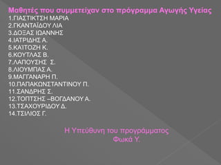 Μαθητές που συμμετείχαν στο πρόγραμμα Αγωγής Υγείας
1.ΓΙΑΣΤΙΚΤΣΗ ΜΑΡΙΑ
2.ΓΚΑΝΤΑΪΔΟΥ ΛΙΑ
3.ΔΟΞΑΣ ΙΩΑΝΝΗΣ
4.ΙΑΤΡΙΔΗΣ Α.
5.ΚΑΊΤΟΖΗ Κ.
6.ΚΟΥΤΛΑΣ Β.
7.ΛΑΠΟΥΣΗΣ Σ.
8.ΛΙΟΥΜΠΑΣ Α.
9.ΜΑΓΓΑΝΑΡΗ Π.
10.ΠΑΠΑΚΩΝΣΤΑΝΤΙΝΟΥ Π.
11.ΣΑΝΔΡΗΣ Σ.
12.ΤΟΠΤΣΗΣ –ΒΟΓΔΑΝΟΥ Α.
13.ΤΣΑΧΟΥΡΙΔΟΥ Δ.
14.ΤΣΙΛΙΟΣ Γ.
Η Υπεύθυνη του προγράμματος
Φωκά Υ.
 