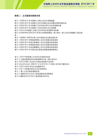 中国网上支付行业年度监测报告简版 2010-2011 年
                            iResearch   China   Online   Payment     Research       Report




附录二：正式版报告图表目录

图 2- 1 2008-2014 年中国第三方网上支付交易额规模
图 2- 2 2006-2010 年中国网上支付交易额占社会消费品零售总额比例
图 2- 3 2005-2014 年中国第三方支付各应用行业交易规模比重
图 2- 4 2005-2014 年中国第三方支付应用行业交易规模
图 2- 5 2010 年中国第三方网上支付市场交易规模市场份额
图 2- 6 IUSERTRACKER-2010 年各月中国网络购物、网上银行、网上支付月度覆盖人数及趋
势
图 2- 7 2008Q1-2009Q4 网上支付季度访问次数及增长率
图 3- 1 2005-2014 年网络购物网上支付交易额及其渗透率
图 3- 2 2005-2014 年航空客票网上支付交易额及其渗透率
图 3- 3 2005-2014 年网络游戏网上支付交易额及其渗透率
图 3- 4 2005-2014 年电信缴费网上支付交易额及其渗透率
图 3- 5 2006-2010 年中国开放式基金各销售渠道销售情况



表 2- 1 2010 年典型第三方支付企业背景及优势
表 2- 2 主要运营商差异化发展战略对比表（按行业划分）
表 2- 3 2010 年第三方支付公司推出的创新产品举例
表 2- 4 iUserTracker- 2008 年 12 月-2010 年 12 月网上支付用户属性对比
表 2- 5 2010 年电子支付企业投融资状况
表 2- 6 2011 年新推出的自主支付品牌举例
表 3- 1 第三方支付基金销售优势
表 3- 2 通联支付与汇付天下基金销售资金清算模式
表 3- 3 通联支付与汇付天下基金销售业务对比




                                                  Copyright © iResearch Inc. 2011   21
 