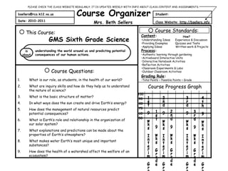 [email_address] Date: 2010-2011   Course Organizer Student: Class Website:  http://bsellers.info This Course:  GMS Sixth Grade Science Course Progress Graph Course Questions: is about Course Standards: understanding the world around us and predicting potential consequences of our human actions.  ,[object Object],[object Object],[object Object],[object Object],[object Object],[object Object],[object Object],[object Object],[object Object],[object Object],[object Object],[object Object],How? ,[object Object],[object Object],[object Object],[object Object],[object Object],[object Object],[object Object],Content : ,[object Object],[object Object],50 70 80 60 100 90 1st 9 wks Interim Grade 1st 9 wks Grade PLEASE CHECK THE CLASS WEBSITE REGULARLY; IT IS UPDATED WEEKLY WITH INFO ABOUT CLASS CONTENT AND ASSIGNMENTS. 2nd 9 wks Grade 3rd 9 wks Grade 2nd 9 wks Interim Grade 3rd 9 wks Interim Grade 4th 9 wks Interim Grade Mrs. Beth Sellers 