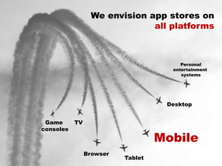 Tablet
Desktop
Game
consoles
Mobile
Browser
Personal
entertainment
systems
We envision app stores on
all platforms
TV
 