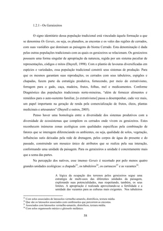 58
1.2.1 - Os Geraizeiros
O signo identitário dessa população tradicional está vinculado àquela formação a que
se denomina Os Gerais, ou seja, os planaltos, as encostas e os vales das regiões de cerrados,
com suas vastidões que dominam as paisagens do bioma Cerrado. Esta denominação é dada
pelas outras populações tradicionais com as quais os geraizeiros se relacionam. Os geraizeiros
possuem uma forma singular de apropriação da natureza, regida por um sistema peculiar de
representações, códigos e mitos (Dayrell, 1998). Com o plantio de lavouras diversificadas em
espécies e variedades, essa população tradicional constrói seus sistemas de produção. Para
que os mesmos garantam suas reproduções, os cerrados com seus tabuleiros, espigões e
chapadas, fazem parte da estratégia produtiva, fornecendo, por meio do extrativismo,
forragem para o gado, caça, madeira, frutos, folhas, mel e medicamentos. Conforme
Diagnóstico das populações tradicionais norte-mineiras, “além de fornecer alimentos e
remédios para o auto-sustento familiar, [o extrativismo] passa a desempenhar, cada vez mais,
um papel importante na geração de renda pela comercialização de frutos, óleos, plantas
medicinais e artesanatos” (Dayrell e outros, 2005).
Penso haver uma homologia entre a diversidade dos sistemas produtivos com a
diversidade de ecossistemas que compõem os cerrados onde vivem os geraizeiros. Estes
reconhecem inúmeras zonas ecológicas com qualidades específicas pela combinação de
fatores que se interagem diferenciando os ambientes, ou seja, qualidade de solos, vegetação,
influências sutis deixadas pela rede de drenagem, pelos corpos de água do presente e do
passado, construindo um mosaico único de atributos que se realiza pela sua interação,
conformando uma unidade da paisagem. Para os geraizeiros a unidade é concretamente mais
que a soma das partes.
Na percepção dos nativos, esse imenso Gerais é recortado por pelo menos quatro
grandes unidades ecológicas: a chapada23
, os tabuleiros24
, os carrascos25
e as vazantes26
.
A lógica da ocupação dos terrenos pelos geraizeiros segue uma
estratégia de multi-usos das diferentes unidades da paisagem,
explorando suas potencialidades, mas respeitando, também, os seus
limites. A apropriação é realizada aproveitando-se a fertilidade e a
umidade das vazantes para as culturas mais exigentes. Nos tabuleiros
23
Com solos associados de latossolos vermelho-amarelo, distróficos, textura média.
24
Que são os latossolos associados com cambissolos que percorrem as encostas.
25
Associados com latossolos vermelho-amarelo, distroficos, textura média.
26
Com solos organossolo mésico e gleissolo melânico.
 