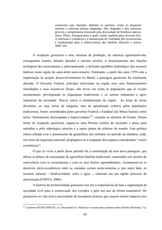 59
constroem suas moradas, plantam os quintais, criam os pequenos
animais e cultivam plantas adaptadas. Das chapadas e dos carrascos
provém o complemento fornecido pela diversidade de frutíferas nativas,
óleos, fibras, forragem para o gado, lenha, madeira para diversos fins.
A interação é complexa e a manutenção da vitalidade dos ecossistemas
é fundamental para a sobrevivência das famílias (Dayrell e outros,
2005: 64).
A ocupação geraizeira e seus sistemas de produção, de natureza agroextrativista,
conseguiram manter, durante décadas e mesmo séculos, o funcionamento das funções
ecológicas dos ecossistemas e, principalmente, o delicado equilíbrio hidrológico dos recursos
hídricos nesta região do semi-árido norte-mineiro. Entretanto, a partir dos anos 1970 com a
implantação de projeto desenvolvimentista no Brasil, a paisagem geraizeira foi totalmente
alterada. O Governo Federal, principal interventor na região com seus financiamentos
subsidiados e seus incentivos fiscais, não levou em conta as populações que aí viviam
secularmente, privilegiando as oligarquias tradicionais e os setores industriais e agro-
industriais da sociedade. Deu-se início à modernização da região. As áreas de terras
devolutas, ou seja, terras de ninguém, mas de apropriação coletiva pelas populações
tradicionais, foram consideradas pelos governos Federal e Estadual [de Minas Gerais] como
terras “inteiramente desocupadas e inaproveitadas”27
, situadas no domínio do Estado. Nestas
terras de ocupação geraizeira, ergueu-se uma floresta exótica de eucalipto e pinus para
subsidiar o pólo siderúrgico mineiro e a maior planta de celulose do mundo. Esta política
estava afinada com o pensamento da geopolítica dos militares no período da ditadura, onde,
em nome da segurança nacional, propugnava-se a ocupação dos espaços considerados “vazios
econômicos”.
O que se viveu a partir desse período foi a constituição de uma nova paisagem, que
afetou os pilares de sustentação da agricultura familiar tradicional, construídos em séculos de
convivência com os ecossistemas e com os seus limites agroambientais. Acentuaram-se os
desníveis sócio-econômicos entre as camadas sociais norte-mineiras e, por outro lado, os
recursos naturais - biodiversidade, solos e água -, entraram em um rápido processo de
deterioração (COSTA, 2006).
A história da territorialidade geraizeira traz em si experiências de luta e organização da
sociedade civil para a conservação dos cerrados e pelo seu uso de forma sustentável. Os
geraizeiros se vêm com a necessidade de incorporar técnicas que causem menos impactos nos
27
Conforme RURALMINAS, s.d. Documento II - Histórico e resumo dos contratos sobre distritos florestais, 7 p.
 