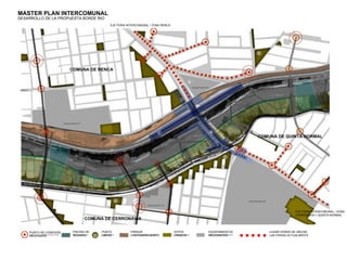 MASTER PLAN INTERCOMUNAL
DESARROLLO DE LA PROPUESTA BORDE RIO
                                               EJE FERIA INTERCOMUNAL / ZONA RENCA
 
                                                

 
                                                
                                                



                         COMUNA DE RENCA


                          




                                                                                                                COMUNA DE QUINTA NORMAL


                                                                                                                 




                                                                                                                                  EJE FERIA INTERCOMUNAL / ZONA 
                                                                                                                                  CERRONAVIA + QUINTA NORMAL
                                    COMUNA DE CERRONAVIA
                                                                                                                                   

    PUNTO DE CONEXIÓN        PISCINA DE 
                                           PUNTO          PARQUE                     SITIOS    EQUIPAMIENTOS        LUGAR DONDE SE UBICAN 
    RELEVANTE                REGADIO       LIMPIO         COSTANERA NORTE            ERIAZOS   RELEVANTES           LAS FERIAS ACTUALMENTE
                                                                                                                                   
                                                                                                                                   
                                                                                                                     
 
