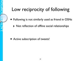 2. ACTIVE SUBSCRIPTIO

                         Low reciprocity of following

                        • Following is not s...