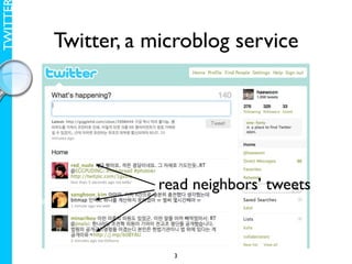 TWITTE

         Twitter, a microblog service




                    read neighbors’ tweets



                      3
 