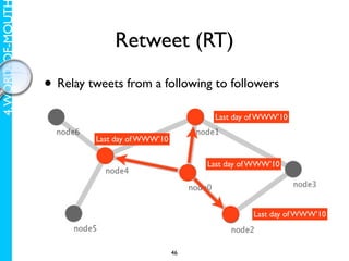 4. WORD-OF-MOUT

                               Retweet (RT)

                  • Relay tweets from a following to followers
                                                      Last day of WWW’10

                           Last day of WWW’10


                                                     Last day of WWW’10




                                                                Last day of WWW’10



                                                46
 