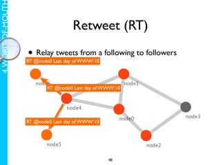 4. WORD-OF-MOUT

                                   Retweet (RT)

                  • Relay tweets from a following to followers
                  RT @node0 Last day of WWW’10




                          RT @node0 Last day of WWW’10




                  RT @node0 Last day of WWW’10




                                                 48
 