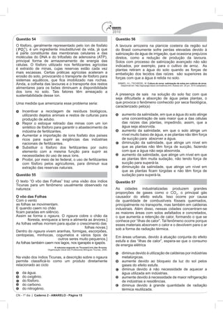 2010
CN - 1º dia | Caderno 2 - AMARELO - Página 15
Questão 54
Questão 55
O vôo das Folhas
Com o vento
ngaura ngaura
Dentro do ngaura
A natureza segundo os Ticunas/Livro das Árvores
Questão 56
Cultura do arroz: salinização de solos em cultivos de arroz
Questão 57
 