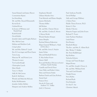 Susan Kimmel and James Shaver        Stephanie Mendel                    paul Anthony petrella
       Constantine Kipnis                   lilliana Mendez-Soto                David phillips
       Joe Kirschling                       tom Merrick and elaine Murphy       Sally and George pillsbury
       Mr. and Mrs. Bayard Klimasmith       Janene Michaelis                    J. edson pinto
       Kevin Koch                           thomas Miller                       phyllis tilson piotrow, ph.D.
       Gerhard Koon                         Jeff Mohan                          Karen G. pitts
       In honor of Whitney and              Mr. and Mrs. Chester Moore          Zdenko pokorny
         Randy Kopf                         Mr. and Mrs. Gordon e. Moore        Marjorie popper and John evarts
       Keith Kozloff                        J. Mason Morfit                     Richard t. power
       David Kubik                          Wendy Burden Morgan                 luke puchner-Hardman
       Jennifer lakin and Douglas Rabuzzi   James Murphy                        linda Rauer
       Mrs. Melvin lane                     Rachael Murray Rakestraw            erin Reaney
       Malissa and Matthew lash             Major General William l. nash       elizabeth Rhyne
       Craig lasher                          (uSA, Ret.)                        the Rev. and Mrs. e. Albert Rich
       Mr. and Mrs. edwin F. leach          Mr. and Mrs. Irvin S. naylor        Mrs. Walter t. Ridder
       eric H. loevinger and Flora Danisi   Jamie nolan                         Mr. peter Riddleberger
       terry long                           Mia and Marshall norton             Kip Robbins
       Marcena W. and norris love           e. MacArthur noyes                  nicholas Roberts
       thomas lovejoy                       Henry odell                         George and tania Rodgers
       teri luckenbaugh                     Ron and Merikay oliveira in honor   Miguel Roma
       Christopher lynch                     of elaine Smith Dunlap
                                                                                Dr. and Mrs. Joseph J. Rossi, Jr.
       Mary Marsh                           Camilla and David olson
                                                                                Mr. and Mrs. William Roth
       terry A. Marsh                       Amy paller and etahn Cohen
                                                                                tim and Carol Rounds
       Sally M. McCraven                    Mary and Dennis panke
                                                                                Dwight Rousu
       Ruth e. McHenry                      Barbara parish and Gary Roberts
                                                                                nava Rubin
       Wendy and Malcolm Mclean             neela patel
                                                                                Richard Rush
       Kathy McMenamin                      Frances pava
                                                                                Don Rylander
       Jennifer Ashley Mellen               nicole H. perry and
                                             Andrew t.C. Stifler                Dr. Fred t. Sai
       Margaret and Andrew Mellen                                               Christine Sakach
                                            Josh A. peterson

I 36
 