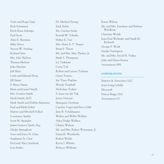 Vicki and Roger Sant              Dr. Michael Strong                  Karen Wilson
Rick Schimmel                     Zack Subin                          Mr. and Mrs. Jonathan and Barbara
erich Franz Schimps               Ms. Carolyn Szoke                    Windham
paul Scott                        Ronald W. tabaika                   Christine Wolak
Alan e. Sherman                   Halley e. tarr                      Jean-paul Wolinsky and Sarah M.
                                                                        Richards
Mike Silver                       Mrs. Harry e. t. thayer
                                                                      George p. Work
Steven W. Sinding                 Brian F. theiss
                                                                      Sandra Yarrington
Richard Sitts                     Mr. and Mrs. Max thelen, Jr.
                                                                      Mr. and Mrs. David n. Yerkes
Mrs. Julie Skelton                Mark S. thompson
                                                                      John and Diana Zentay
thomas Skelton                    liz tinkham
                                                                      Anonymous (89)
Julia Slatcher                    Cyrus toll
Jeff Sliter                       Robert and lenore tolonen
                                                                      corPorATIonS
Carla and edward Sloan            Gwen tonino
Jill Smart                        Jen tracy-Duplass                   Bastress & Associates, llC
S. Bruce Smart                    Wendy turnbull                      Jones lang laSalle
Brian and laurel Smith            nicholaas tydens                    Microsoft
Mrs. Gordon Smith                 S. Jean van der tak                 patton Boggs, llC
Heidi Smith, M.D.                 Justin Vincent                      Anonymous (2)
Mark Smith and Debbie Bannister   Mariquita Vitzthum
paul and edith Sobel              Carolyn Vogel and Steve Gibb
Harriet and Mitchell Sollod       Jane B. Volckhausen
Constance Spahn                   Walter and Willie Walden
Scott M. Spangler                 Alice Dodge Wallace
James Gustave Speth, esq.         Christy Walton
Gladys Springborn                 Mr. and Mrs. Robert Waterman, Jr.
Sean and Joyce St. Clair          Diana K. Weatherby
Stephanie St. Clair               Robert Wehle
Fred and Alice Stanback           Kevin J. Whaley
lois Stokes                       Rebecca Williams

                                                                                                          I 37
 