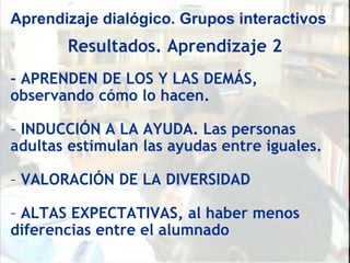 Aprendizaje dialógico. Grupos interactivos
       Resultados. Aprendizaje 2
- APRENDEN DE LOS Y LAS DEMÁS,
observando cómo lo hacen.

- INDUCCIÓN A LA AYUDA. Las personas
adultas estimulan las ayudas entre iguales.

- VALORACIÓN DE LA DIVERSIDAD

- ALTAS EXPECTATIVAS, al haber menos
diferencias entre el alumnado
 