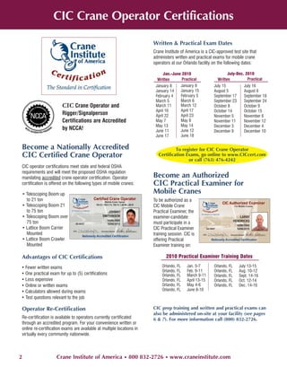 CIC Crane Operator Certifications

                                                                       Written & Practical Exam Dates
                                                                       Crane Institute of America is a CIC-approved test site that
                                                                       administers written and practical exams for mobile crane
                                                                       operators at our Orlando facility on the following dates:

                                                                             Jan.-June 2010                      July-Dec. 2010
                                                                         Written       Practical           Written          Practical
                                                                        January 8     January 9          July 15          July 16
                                                                        January 14    January 15         August 5         August 6
                                                                        February 4    February 5         September 17     September 18
                                                                        March 5       March 6            September 23     September 24
                        CIC Crane Operator and                          March 11      March 12           October 8        October 9
                                                                        April 16      April 17           October 14       October 15
                        Rigger/Signalperson                             April 22      April 23           November 5       November 6
                        Certifications are Accredited                   May 7         May 8              November 11      November 12
                                                                        May 13        May 14             December 3       December 4
                        by NCCA!                                        June 11       June 12            December 9       December 10
                                                                        June 17       June 18

Become a Nationally Accredited                                                     To register for CIC Crane Operator
CIC Certified Crane Operator                                              Certification Exams, go online to www.CICcert.com
                                                                                         or call (763) 476-4242
CIC operator certifications meet state and federal OSHA
requirements and will meet the proposed OSHA regulation
mandating accredited crane operator certification. Operator            Become an Authorized
certification is offered on the following types of mobile cranes:      CIC Practical Examiner for
    • Telescoping Boom up                                              Mobile Cranes
      to 21 ton                                                        To be authorized as a
    • Telescoping Boom 21                                              CIC Mobile Crane
      to 75 ton                                                        Practical Examiner, the
    • Telescoping Boom over                                            examiner-candidate
      75 ton                                                           must participate in a
    • Lattice Boom Carrier                                             CIC Practical Examiner
      Mounted                                                          training session. CIC is
    • Lattice Boom Crawler                                             offering Practical
      Mounted                                                          Examiner training on:

Advantages of CIC Certifications                                              2010 Practical Examiner Training Dates

• Fewer written exams                                                       Orlando, FL   Jan. 5-7       Orlando, FL    July 13-15
                                                                            Orlando, FL   Feb. 9-11      Orlando, FL    Aug. 10-12
• One practical exam for up to (5) certifications                           Orlando, FL   March 9-11     Orlando, FL    Sept. 14-16
• Less expensive                                                            Orlando, FL   April 13-15    Orlando, FL    Oct. 12-14
• Online or written exams                                                   Orlando, FL   May 4-6        Orlando, FL    Dec. 14-16
• Calculators allowed during exams                                          Orlando, FL   June 8-10
• Test questions relevant to the job

Operator Re-Certification                                              CIC prep training and written and practical exams can
                                                                       also be administered on-site at your facility (see pages
Re-certification is available to operators currently certificated      6 & 7). For more information call (800) 832-2726.
through an accredited program. For your convenience written or
online re-certification exams are available at multiple locations in
virtually every community nationwide.



2                    Crane Institute of America • 800 832-2726 • www.craneinstitute.com
 