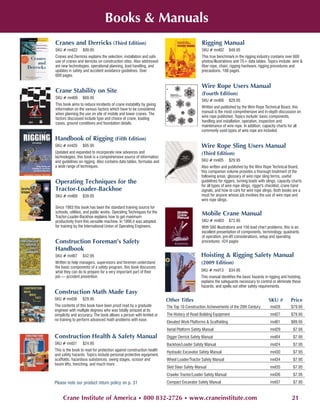 Books & Manuals
Cranes and Derricks (Third Edition)                                                        Rigging Manual
SKU # mnl22      $99.95                                                                    SKU # mnl02        $48.95
Cranes and Derricks explains the selection, installation and safe                          This true benchmark in the rigging industry contains over 600
use of cranes and derricks on construction sites. Also addressed                           photos/illustrations and 70+ data tables. Topics include: wire &
are new technologies, operational planning, load handling, and                             fiber rope, chain, rigging hardware, rigging procedures and
updates in safety and accident avoidance guidelines. Over                                  precautions. 188 pages.
600 pages.

                                                                                           Wire Rope Users Manual
Crane Stability on Site                                                                    (Fourth Edition)
SKU # mnl09      $69.95
                                                                                           SKU # mnl06        $29.95
This book aims to reduce incidents of crane instability by giving
                                                                                           Written and published by the Wire Rope Technical Board, this
information on the various factors which have to be considered
                                                                                           manual is the most comprehensive and in-depth discussion on
when planning the use on site of mobile and tower cranes. The
                                                                                           wire rope published. Topics include: basic components,
factors discussed include type and choice of crane, loading
                                                                                           handling and installation, operation, inspection and
cases, ground conditions and foundation details.
                                                                                           maintenance of wire rope. In addition, capacity charts for all
                                                                                           commonly used types of wire rope are included.

Handbook of Rigging (Fifth Edition)
SKU # mnl20      $95.95                                                                    Wire Rope Sling Users Manual
Updated and expanded to incorporate new advances and                                       (Third Edition)
technologies, this book is a comprehensive source of information
and guidelines on rigging. Also contains data tables, formulas and                         SKU # mnl05        $29.95
a wide range of techniques.                                                                Also written and published by the Wire Rope Technical Board,
                                                                                           this companion volume provides a thorough treatment of the
                                                                                           following areas: glossary of wire rope sling terms, useful
Operating Techniques for the                                                               guidelines for riggers, turning loads with slings, capacity charts
                                                                                           for all types of wire rope slings, rigger's checklist, crane hand
Tractor-Loader-Backhoe                                                                     signals, and how to care for wire rope slings. Both books are a
SKU # mnl08      $39.95                                                                    must for anyone whose job involves the use of wire rope and
                                                                                           wire rope slings.
Since 1983 this book has been the standard training source for
schools, utilities, and public works. Operating Techniques for the                         Mobile Crane Manual
Tractor-Loader-Backhoe explains how to get maximum
productivity from this versatile machine. In 1996 it was adopted                           SKU # mnl03        $72.95
for training by the International Union of Operating Engineers.                            With 560 illustrations and 156 load chart problems, this is an
                                                                                           excellent presentation of components, terminology, quadrants
                                                                                           of operation, pre-lift considerations, setup and operating
Construction Foreman’s Safety                                                              procedures. 424 pages
Handbook
SKU # mnl07      $42.95                                                                    Hoisting & Rigging Safety Manual
Written to help managers, supervisors and foremen understand                               (2009 Edition)
the basic components of a safety program, this book discusses
what they can do to prepare for a very important part of their                             SKU # mnl13        $34.95
job — accident prevention.                                                                 This manual identifies the basic hazards in rigging and hoisting,
                                                                                           explains the safeguards necessary to control or eliminate these
                                                                                           hazards, and spells out other safety requirements.
Construction Math Made Easy
SKU # mnl38      $29.95                                               Other Titles                                                     SKU #         Price
The contents of this book have been proof read by a graduate          The Top 10 Construction Achievements of the 20th Century          mnl28         $79.95
engineer with multiple degrees who was totally amazed at its
simplicity and accuracy. The book allows a person with limited or     The History of Road Building Equipment                            mnl27         $79.95
no training to perform advanced math problems with ease.
                                                                      Elevated Work Platforms & Scaffolding                             mnl01         $89.95
                                                                      Aerial Platform Safety Manual                                     mnl29          $7.95
Construction Health & Safety Manual                                   Digger Derrick Safety Manual                                      mnl04          $7.95
SKU # mnl31      $24.95                                               Backhoe/Loader Safety Manual                                      mnl24          $7.95
This is the book to read for protection against construction health   Hydraulic Excavator Safety Manual                                 mnl30          $7.95
and safety hazards. Topics include personal protective equipment,
scaffolds, hazardous substances, swing stages, scissor and            Wheel Loader/Tractor Safety Manual                                mnl34          $7.95
boom lifts, trenching, and much more.
                                                                      Skid Steer Safety Manual                                          mnl35          $7.95
                                                                      Crawler Tractor/Loader Safety Manual                              mnl36          $7.95
Please note our product return policy on p. 31                        Compact Excavator Safety Manual                                   mnl37          $7.95


     Crane Institute of America • 800 832-2726 • www.craneinstitute.com                                                                               21
 
