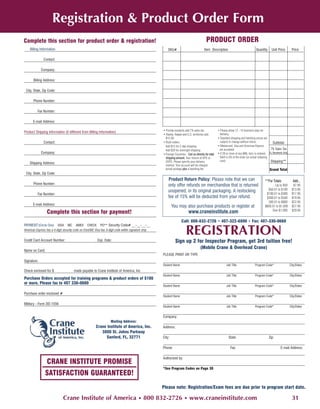 Registration & Product Order Form
Complete this section for product order & registration!                                                                                         PRODUCT ORDER
    Billing Information                                                                                     SKU#                              Item Description                              Quantity      Unit Price        Price

                Contact:

             Company:

       Billing Address:

 City, State, Zip Code:

       Phone Number:

           Fax Number:

       E-mail Address:

                                                                                                        • Florida residents add 7% sales tax.              • Please allow 12 - 15 business days for
Product Shipping Information (if different from Billing Information)
                                                                                                        • Alaska, Hawaii and U.S. territories add           delivery.
                                                                                                          $15.00.                                          • Standard shipping and handling prices are
                Contact:                                                                                • Rush orders:                                      subject to change without notice.             Subtotal
                                                                                                          Add $15 for 2-day shipping                       • Mastercard, Visa and American Express
                                                                                                          Add $20 for overnight shipping                    are accepted.                               7% Sales Tax
             Company:                                                                                   • Foreign Countries - Call us directly for total   • If 20 or more of any MNL item is ordered, FL Residents Only
                                                                                                          shipping amount. Your choice of UPS or            S&H is 5% of the order (or actual shipping
                                                                                                          USPS. Please specify your delivery                cost).                                      Shipping**  *
    Shipping Address:
                                                                                                          method. Your account will be charged
                                                                                                          actual postage plus a handling fee.                                                           Grand Total
 City, State, Zip Code:
                                                                                                            Product Return Policy: Please note that we can                                          **For Totals             Add...
       Phone Number:                                                                                        only offer refunds on merchandise that is returned                                            ...Up to $50       $7.95
                                                                                                                                                                                                      $50.01 to $100        $13.95
                                                                                                            unopened, in its original packaging. A restocking
           Fax Number:                                                                                                                                                                               $100.01 to $300        $17.95
                                                                                                            fee of 15% will be deducted from your refund.                                            $300.01 to $500        $19.95
                                                                                                                                                                                                      500.01 to $800        $22.95
       E-mail Address:
                                                                                                                You may also purchase products or register at                                       $800.01 to $1,000       $27.95
                                                                                                                                                                                                         Over $1,000        $29.95
                  Complete this section for payment!                                                                           www.craneinstitute.com
                                                                                                                         Call: 800-832-2726 • 407-322-6800 • Fax: 407-330-0660

                                                                                                                             REGISTRATION
PAYMENT:(Circle One)       VISA    MC     AMEX      CHECK     PO** Security Code# __-__-__-__
American Express has a 4-digit security code on front/MC Visa has 3-digit code within signature strip


Credit Card Account Number:                                 Exp. Date:                                             Sign up 2 for Inspector Program, get 3rd tuition free!
                                                                                                                                          (Mobile Crane & Overhead Crane)
Name on Card:
                                                                                                        PLEASE PRINT OR TYPE
Signature:
                                                                                                        Student Name                                              Job Title                Program Code*                   City/Dates
Check enclosed for $                     made payable to Crane Institute of America, Inc
                                                                                                        Student Name                                              Job Title                Program Code*                   City/Dates
Purchase Orders accepted for training programs & product orders of $100
or more. Please fax to 407 330-0660
                                                                                                        Student Name                                              Job Title                Program Code*                   City/Dates

Purchase order enclosed #
                                                                                                        Student Name                                              Job Title                Program Code*                   City/Dates

Military - Form DD-1556
                                                                                                        Student Name                                              Job Title                Program Code*                   City/Dates


                                                                                                        Company:
                                                                       Mailing Address:
                                                           Crane Institute of America, Inc.             Address:
                                                              3880 St. Johns Parkway
                                                                Sanford, FL, 32771                      City:                                                       State:                             Zip:

                                                                                                        Phone:                                                        Fax:                                        E-mail Address:

                                                                                                        Authorized by:
                  CRANE INSTITUTE PROMISE
                                                                                                        *See Program Codes on Page 30
                 SATISFACTION GUARANTEED!
                                                                                                        Please note: Registration/Exam fees are due prior to program start date.

                                Crane Institute of America • 800 832-2726 • www.craneinstitute.com                                                                                                                          31
 