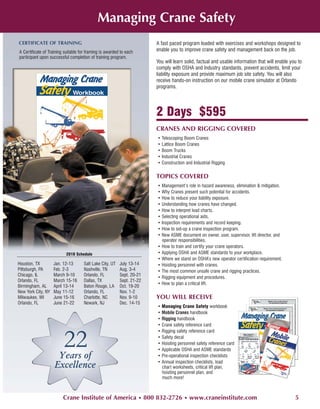 Managing Crane Safety
CERTIFICATE OF TRAINING                                                A fast paced program loaded with exercises and workshops designed to
A Certificate of Training suitable for framing is awarded to each      enable you to improve crane safety and management back on the job.
participant upon successful completion of training program.
                                                                       You will learn solid, factual and usable information that will enable you to
                                                                       comply with OSHA and Industry standards, prevent accidents, limit your
                                                                       liability exposure and provide maximum job site safety. You will also
                                                                       receive hands-on instruction on our mobile crane simulator at Orlando
                                                                       programs.




                                                                       2 Days $595
                                                                       CRANES AND RIGGING COVERED
                                                                       • Telescoping Boom Cranes
                                                                       • Lattice Boom Cranes
                                                                       • Boom Trucks
                                                                       • Industrial Cranes
                                                                       • Construction and Industrial Rigging

                                                                       TOPICS COVERED
                                                                       • Management’s role in hazard awareness, elimination & mitigation.
                                                                       • Why Cranes present such potential for accidents.
                                                                       • How to reduce your liability exposure.
                                                                       • Understanding how cranes have changed.
                                                                       • How to interpret load charts.
                                                                       • Selecting operational aids.
                                                                       • Inspection requirements and record keeping.
                                                                       • How to set-up a crane inspection program.
                                                                       • New ASME document on owner, user, supervisor, lift director, and
                                                                         operator responsibilities.
                                                                       • How to train and certify your crane operators.
                          2010 Schedule                                • Applying OSHA and ASME standards to your workplace.
                                                                       • Where we stand on OSHA’s new operator certification requirement.
Houston, TX         Jan. 12-13      Salt Lake City, UT   July 13-14    • Hoisting personnel with cranes.
Pittsburgh, PA      Feb. 2-3        Nashville, TN        Aug. 3-4      • The most common unsafe crane and rigging practices.
Chicago, IL         March 9-10      Orlando, FL          Sept. 20-21
                                                                       • Rigging equipment and procedures.
Orlando, FL         March 15-16     Dallas, TX           Sept. 21-22
                                                                       • How to plan a critical lift.
Birmingham, AL      April 13-14     Baton Rouge, LA      Oct. 19-20
New York City, NY   May 11-12       Orlando, FL          Nov. 1-2
Milwaukee, WI       June 15-16      Charlotte, NC        Nov. 9-10     YOU WILL RECEIVE
Orlando, FL         June 21-22      Newark, NJ           Dec. 14-15
                                                                       • Managing Crane Safety workbook
                                                                       • Mobile Cranes handbook
                                                                       • Rigging handbook
                                                                       • Crane safety reference card



                         22
                                                                       • Rigging safety reference card
                                                                       • Safety decal
                                                                       • Hoisting personnel safety reference card
                                                                       • Applicable OSHA and ASME standards
                     Years of                                          • Pre-operational inspection checklists

                    Excellence                                         • Annual inspection checklists, load
                                                                         chart worksheets, critical lift plan,
                                                                         hoisting personnel plan, and
                                                                         much more!



                         Crane Institute of America • 800 832-2726 • www.craneinstitute.com                                                    5
 