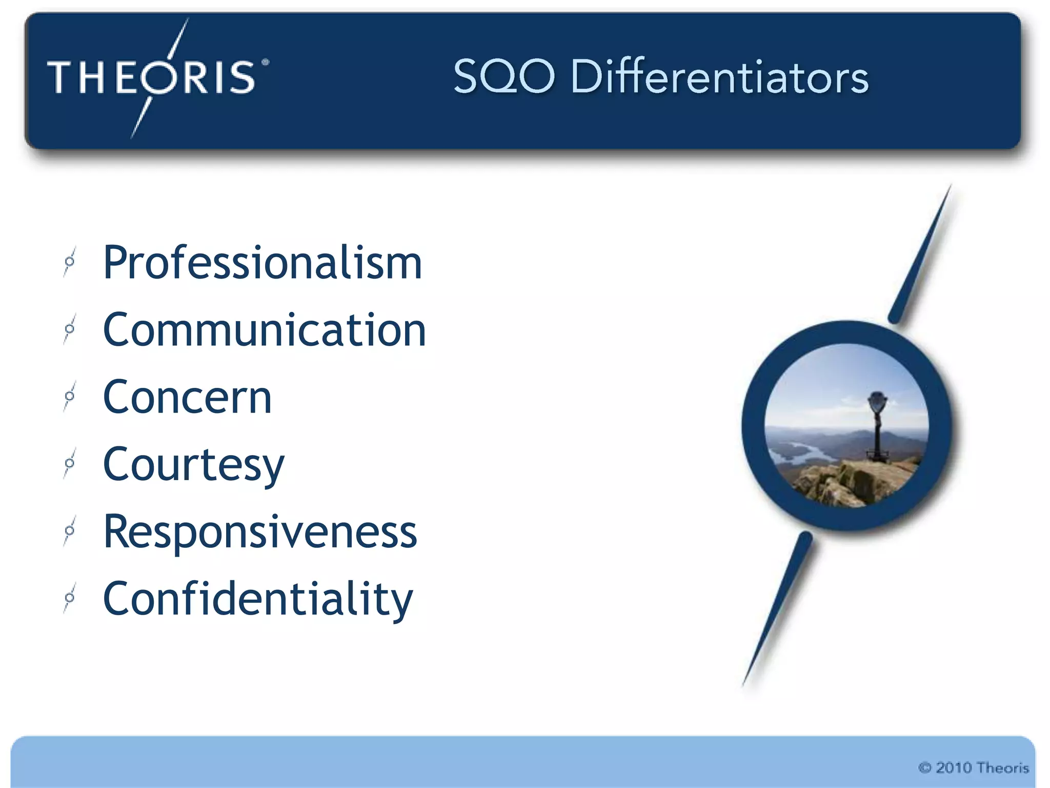 Professionalism
Communication
Concern
Courtesy
Responsiveness
Confidentiality
 