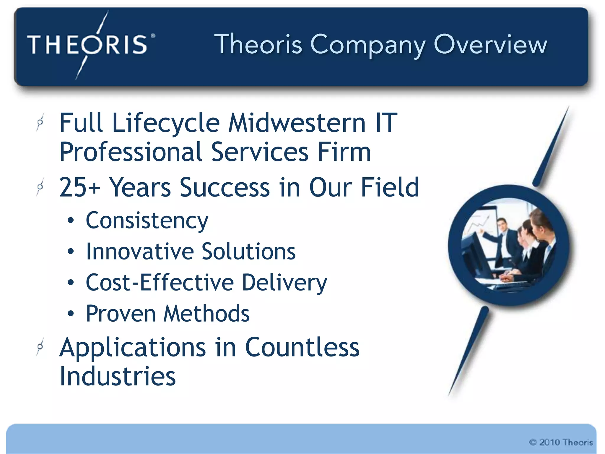 Full Lifecycle Midwestern IT
Professional Services Firm
25+ Years Success in Our Field
•   Consistency
•   Innovative Solutions
•   Cost-Effective Delivery
•   Proven Methods
Applications in Countless
Industries
 