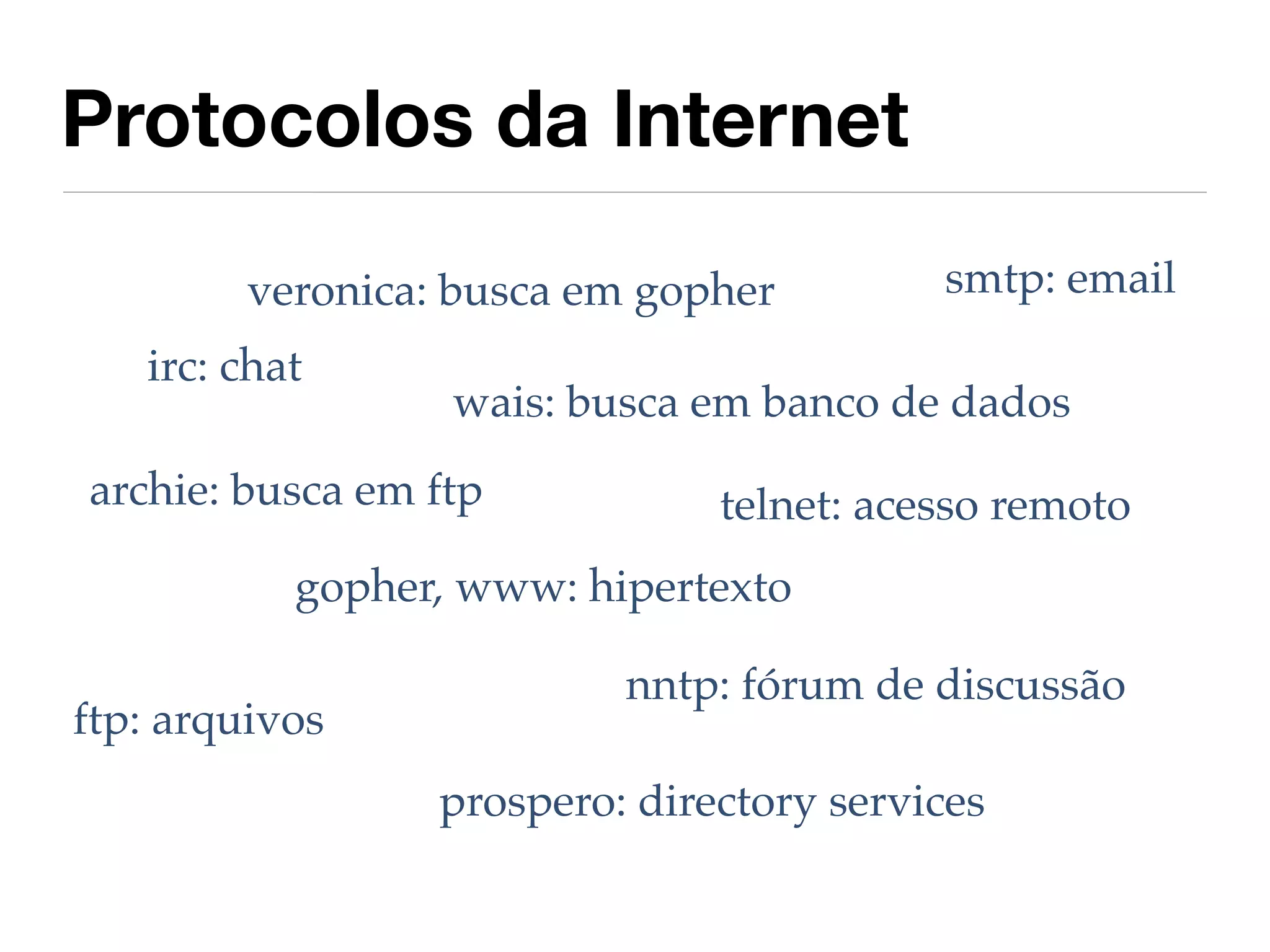 Protocolos da Internet

         veronica: busca em gopher         smtp: email
   irc: chat
                  wais: busca em banco de dados
archie: busca em ftp            telnet: acesso remoto
           gopher, www: hipertexto

                           nntp: fórum de discussão
ftp: arquivos
                  prospero: directory services
 