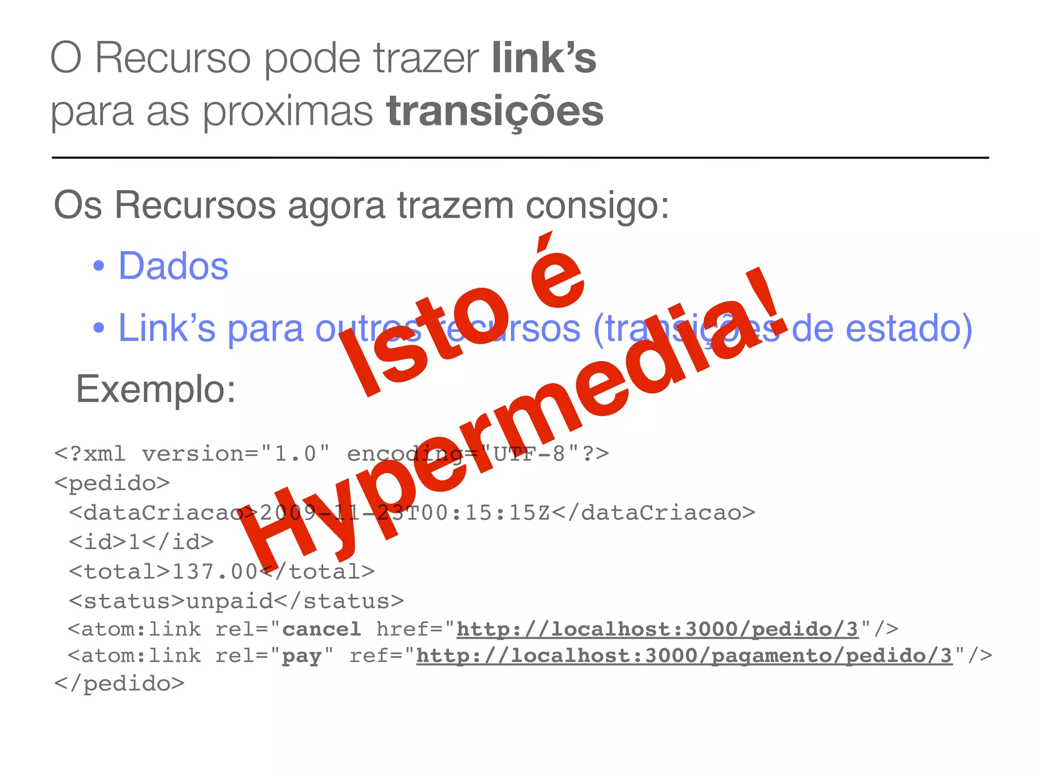 O Recurso pode trazer link’s
para as proximas transições

Os Recursos agora trazem consigo:
  • Dados
                       é a!
                    to di
  • Linkʼs para outros recursos (transições de estado)
                 Is
 Exemplo:
                       m e
                   e r
<?xml version="1.0" encoding="UTF-8"?>
<pedido>
                 p
 <id>1</id>
              H y
 <dataCriacao>2009-11-23T00:15:15Z</dataCriacao>

 <total>137.00</total>
 <status>unpaid</status>
<atom:link rel="cancel href="http://localhost:3000/pedido/3"/>
<atom:link rel="pay" ref="http://localhost:3000/pagamento/pedido/3"/>
</pedido>
 