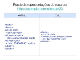 Possíveis representações do recurso:
        http://exemplo.com/clientes/23
         XHTML                        XML


<html>
<body>
<dt>id</dt>
 <dd>23</dd>              <cliente>
                           <id> 23 </id>
<dt>nome</dt>
                           <nome>Joana Cardoso</nome>
 <dd>Joana Cardoso</dd>    <cpf>12345678900</cpf>
<dt>cpf</dt>              </cliente>
 <dd>12345678901</dd>
</body>
</html>
 