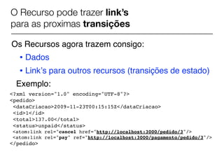 O Recurso pode trazer link’s
para as proximas transições

Os Recursos agora trazem consigo:
   • Dados
   • Linkʼs para outros recursos (transições de estado)
 Exemplo:
<?xml version="1.0" encoding="UTF-8"?>
<pedido>
 <dataCriacao>2009-11-23T00:15:15Z</dataCriacao>
 <id>1</id>
 <total>137.00</total>
 <status>unpaid</status>
<atom:link rel="cancel href="http://localhost:3000/pedido/3"/>
<atom:link rel="pay" ref="http://localhost:3000/pagamento/pedido/3"/>
</pedido>
 