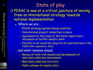 21
21                                                  State of play
                                PIAAC is now at a critical juncture of moving
                                 from an international strategy towards
      OECD Skills Strategy




                                 national implementation
                                    Where we are…
                                      – PIAAC strategy agreed among countries
                                      – International project consortium in place
                                      – Agreement on the scope of the initial report and a
                                        discussion on further analytic work
      Andreas Schleicher
Canberra, 13-14 May 2010




                                      – Full pilot in all countries, majority of countries now in the
                                        field (1400 respondents, 2010),
                                 … and what remains ahead
                                      – Review of field trial results and development of
                                        main data collection instruments
                                      – Main data collection (2011/2012)
                                      – Public release of results (2013) .
 