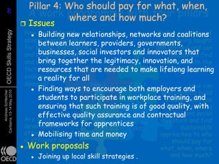Pillar 4: Who should pay for what, when,
     8
     8                         A work programme with four pillars
                                          where and how much?
                              Issues
                               How Building new and
                                    do we identify relationships, networks and coalitions
                                                                               Is the right mix of
      OECD Skills Strategy



                                  
                               assess essential skills
                                    between learners, providers, governments, taught
                                                                                skills being
                               for strong, sustainable                        and learned and can
                                    businesses, social investors and innovators that find
                               and balanced growth                                  employers
                                    bring together the legitimacy, innovation, and the
                               and what are the                                  workers with
                                    resources that are needed to make lifelong learning
                               factors driving the                                skills they need?
                               evolution of skill
                                    a reality for all
                               demand?                               Pillar 2
                                                     to encourage both employers and can    How
                                                       Pillar 1
                                   Finding ways (EDU and ELS)        (ELS)
                                                                                governments build
      Andreas Schleicher
Canberra, 13-14 May 2010




                                    students to participate in workplace training, and
                                                                                  strong coalitions
                                    ensuring that such training is of good quality, with
                                                                                 with the business
                                    effective quality assurance and contractualand social
                                                        Pillar 3    Pillar 4
                                                                                  sector
                               Are skills                                       investors and find
                                    frameworks for (EDU)
                               developed in              apprentices and
                                                                   (EDU
                                                                                         sustainable
                                                                     LEED)
                               effective, equitabl
                                   Mobilising time and money                  approaches to who
                               e, efficient and                                      should pay for
                                Work proposals
                              sustainable ways?                                what, when, where
                                   Joining up local skill strategies .             and how much?
 