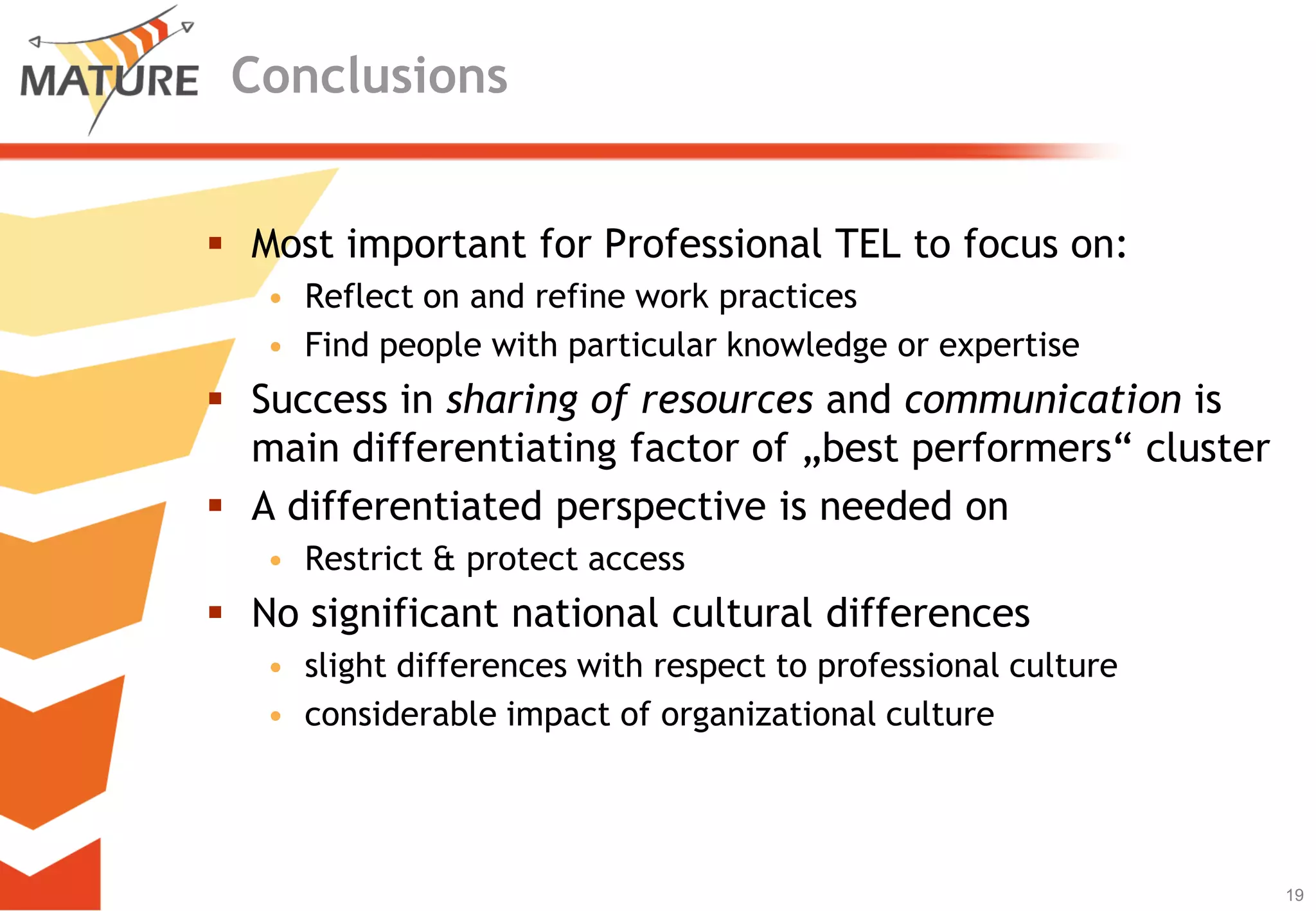 Restrict & protectaccess: organizationalSome have very few restrictions (related to an open organisational culture), whilst others are giving high priority to restricting access:legal requirementschannel the knowledge through the correct users and to avoid dissipating itprotecting their own competitive advantageImportant is the nature of their competetive advantage:people, marketing, process knowledge