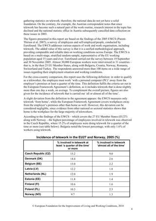 gathering statistics on telework; therefore, the national data do not yet have a solid
foundation. On the contrary, for example, the Austrian correspondent notes that since
telework has become such a natural part of the work routine, research interest in the topic has
declined and the national statistic office in Austria subsequently cancelled data collection on
these issues in 2003.
The figures presented in this report are based on the findings of the 2005 EWCS (Parent-
Thirion et al, 2007), a survey of employees and self-employed people, conducted by
Eurofound. The EWCS addresses various aspects of work and work organisation, including
telework. The added value of this survey is that it is a unified methodological approach,
providing comparable and reliable data on working conditions across Europe. The EWCS is
based on a multi-stage, stratified random sample, representative of the EU working
population aged 15 years and over. Eurofound carried out the survey between 19 September
and 30 November 2005. Almost 30,000 European workers were interviewed in 31 countries –
that is, in the then 25 EU Member States, along with Bulgaria, Croatia, Norway, Romania,
Switzerland and Turkey. The respondents answered more than 100 items on a wide range of
issues regarding their employment situation and working conditions.
For the cross-country comparison, this report uses the following definition: in order to qualify
as a teleworker, the employee must work ‘with a personal computer (PC)’ away from the
employer’s premises at least a quarter of the time. This definition fulfils the criteria set out in
the European Framework Agreement’s definition, as it includes telework that is done slightly
more than one day a week, on average. To complement the overall picture, figures are also
given for the incidence of telework that is carried out ‘all or almost all of the time’.
A slight deviation from the definition in the agreement appears: the EWCS measures only
telework ‘from home’, while the European Framework Agreement covers workplaces away
from the employer’s premises other than home as well. However, this deviation can be
considered negligible, since evidence from other national or sectoral statistics shows that
home is the workplace for the large majority of teleworkers.
According to the findings of the EWCS – which covers the 27 EU Member States (EU27)
along with Norway – the highest percentage of employees involved in telework was observed
in the Czech Republic, where 15.2% of employees were doing telework for a quarter of the
time or more (see table below). Bulgaria noted the lowest percentage, with only 1.6% of
workers using telework.

           Incidence of telework in the EU27 and Norway, 2005 (%)
                              % involved in telework at            % involved in telework
                             least ‘a quarter of the time’         ‘almost all of the time’
                                       or more
 Czech Republic (CZ)                      15.2                                9.0
 Denmark (DK)                             14.4                                2.6
 Belgium (BE)                             13.0                                2.2
 Latvia (LV)                              12.2                                1.8
 Netherlands (NL)                         12.0                                1.9
 Estonia (EE)                             11.8                                1.4
 Finland (FI)                             10.6                                1.6
 Poland (PL)                              10.3                                2.3
 Norway (NO)                               9.7                                1.3


        © European Foundation for the Improvement of Living and Working Conditions, 2010
                                                                                                  4
 