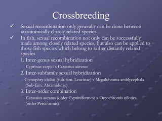 Crossbreeding
 Sexual recombination only generally can be done between
taxonomically closely related species
 In fish, sexual recombination not only can be successfully
made among closely related species, but also can be applied to
those fish species which belong to rather distantly related
species
1. Inter-genus sexual hybridization
Cyprinus carpio x Carassius auratus
2. Inter-subfamily sexual hybridization
Ctenophry idellus (sub-fam. Leucinae) x Megalobrama amblycephala
(Sub-fam. Abramidinae)
3. Inter-order combination
Carassius auratus (order Cypriniformes) x Oreochromis nilotica
(order Perciformis)
 