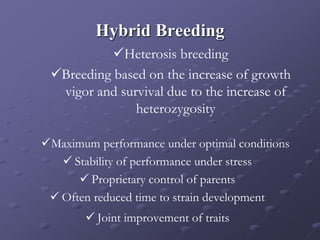 Hybrid Breeding
Maximum performance under optimal conditions
 Stability of performance under stress
 Proprietary control of parents
 Often reduced time to strain development
 Joint improvement of traits
Heterosis breeding
Breeding based on the increase of growth
vigor and survival due to the increase of
heterozygosity
 