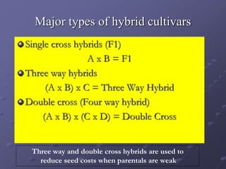 Major types of hybrid cultivars
Single cross hybrids (F1)
A x B = F1
Three way hybrids
(A x B) x C = Three Way Hybrid
Double cross (Four way hybrid)
(A x B) x (C x D) = Double Cross
Three way and double cross hybrids are used to
reduce seed costs when parentals are weak
 