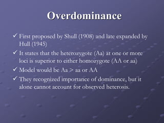 Overdominance
 First proposed by Shull (1908) and late expanded by
Hull (1945)
 It states that the heterozygote (Aa) at one or more
loci is superior to either homozygote (AA or aa)
 Model would be Aa > aa or AA
 They recognized importance of dominance, but it
alone cannot account for observed heterosis.
 