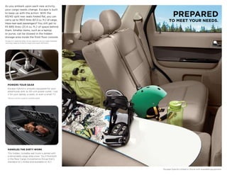 As you embark upon each new activity,
your cargo needs change. Escape is built
to keep up with the action. With the
60/40 split rear seats folded flat, you can                                          PREPARED
carry up to 1903 litres (67.2 cu. ft.)1 of cargo.                                TO mEET YOUR NEEDS.
Have rear-seat passengers? You still get to
fill 889 litres (31.4 cu. ft.)1 of space behind
them. Smaller items, such as a laptop
or purse, can be stowed in the hidden
storage area inside the front floor console.
 Escape XLT capacities listed. Actual capacities vary by model. Passenger
1 

 and cargo capacity limited by weight and weight distribution.




     POWERS YOUR GEAR
     Escape Hybrid is uniquely equipped for your
     adventures with its 110-volt power outlet. 2 Use
     it for your laptop, a radio, or even a small TV.
     2
         See your Owner’s Guide for complete details.




     HANDLES THE DIRTY WORK
     This hidden, lockable wet trunk is paired with
     a retractable cargo area cover. You’ll find both
     in the Rear Cargo Convenience Group that’s
     standard on Limited and available on XLT.


                                                                            Escape Hybrid Limited in Stone with available equipment.
 
