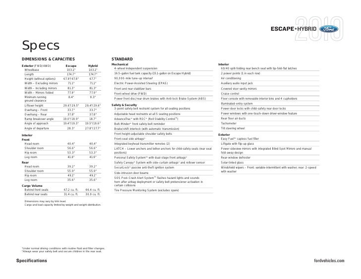 2010 ford escape escape hybrid specification summary ford escape gas tank size