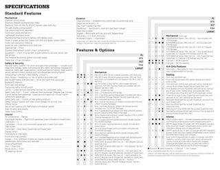speCiFiCaTions
Standard features
Mechanical                                                                           Exterior                                                                                                                                                                        XL
Daytime running lamps                                                                Cargo box lamp — Integrated into centre high-mounted stop lamp                                                                                                                 STX
Electronic Brakeforce Distribution (EBD)                                             Cargo box tie-downs — 4
Electronic Shift-On-the-Fly (ESOF) transfer case (4x4 only)                          Easy FuelTM capless fuel filler                                                                                                                                                XLT
Fail-safe engine cooling system                                                      Headlamps — Aerodynamic clear-lens dual-beam halogen                                                                                                                          FX4
Gas-pressurized shock absorbers                                                      Stake-bed pockets                                                                                                                                                           LarIaT
Hood-open assist mechanisms                                                          Tailgate — Removable with key lock and Tailgate Assist
Lightweight aluminum hood                                                            Tow hooks — 2 in front (4x4 only)                                                         	 	 	 	 	 	               Mechanical Continued
Maintenance-free 72-amp-hr battery with battery saver                                Windshield wipers — Intermittent                                                          	 —	 s	 f	 —	 d	          P265/60R18 all-season OWL tires (5) — 4x2 (included with
Power 4-wheel vented-disc brakes with Anti-lock Brake System (ABS)                    Always wear your safety belt and, in SuperCab and SuperCrew models, always secure
                                                                                     1                                                                                                                   XTR Package)
Power rack-and-pinion steering                                                        children in the rear seat. 2 Right-front-passenger seat only.                            	 —	 s	 f	 d	 d	          P275/65R18 all-terrain OWL tires (4) — 4x4 (included with
Spare tire with underframe winch and lock                                                                                                                                                                XTR Package)
Stabilizer bar — Front                                                                                                                                                         	 —	 —	 s	 s	 s	          LT275/65R18 all-terrain OWL tires (4) — 4x4 (XLT requires
Stainless steel exhaust system (major components)                                    features & options                                                                        	 —	 —	 s	 —	 s	
                                                                                                                                                                                                         XTR Package)
                                                                                                                                                                                                         P275/55R20 all-season OWL tires (4) — 4x2 (SuperCab and
Suspension — Front: long-spindle, double-wishbone coil-over-shock; rear:                                                                                                                                 SuperCrew; XLT requires XTR Package and 5.4L V8)
leaf springs                                                                                                                                                              XL   	 —	 —	 s	 s	 s	          P275/55R20 all-terrain OWL tires (4) — 4x4 (SuperCab and
Tire Pressure Monitoring System (excludes spare)                                                                                                                         STX                             SuperCrew; XLT requires XTR Package and 5.4L V8)
Trailer tow — 4-pin connector                                                                                                                                                  	 d	 f	 d	 f	 f	          Fuel tank — 98-litre capacity
                                                                                                                                                                         XLT
Safety & Security                                                                                                                                                              	 f	 d	 f	 f	 f	          Fuel tank — 136-litre capacity
Personal Safety SystemTM for driver and right-front passenger — Includes dual-                                                                                          FX4
                                                                                                                                                                                                         4x4-Only Features
stage front airbags,1 safety belt pretensioners, safety belt energy-management                                                                                        LarIaT   	 s	 —	 s	 d	 s	          Skid plates — Steel plates for front crossmember and transfer
retractors, safety belt usage sensors, driver-seat position sensor, crash severity
                                                                                                                                                                                                         case; composite plate for fuel tank
sensor, restraint control module and Front-Passenger Sensing System2                                          Mechanical
AdvanceTrac® with RSC® (Roll Stability ControlTM)                                    	 f	 d	 f	 —	 —	  4.6L EFI 2-valve V8 with 4-speed automatic O/D (4x2 only)                                         Seating
Alert chimes — Headlamps-on, key-in-ignition and safety belt                         	 f	 f	 f	 —	 —	  4.6L EFI 3-valve V8 with 6-speed automatic O/D with Tow/                	 s	 —	 —	 —	 —	          Front vinyl 40/20/40 split
Belt-Minder® safety belt reminder — Driver and right-front passenger                                   Haul Mode (not available with 4x2 Regular Cab 126-in. WB or             	 —	 s	 —	 —	 —	          Front cloth bucket seats with centre console and manual
                                                                                                       4x2 STX)                                                                                          driver lumbar
Brake/shift interlock
                                                                                     	 f	 —	 s	 d	 d	 5.4L EFI SOHC 3-valve V8 FFV with 6-speed electronic                     	 —	 —	 s	 —	 —	          Front premium cloth bucket seats with centre console and
Front-seat side airbags1                                                                               automatic O/D with Tow/Haul Mode (not available with 4x2                                          manual driver lumbar (SuperCab and SuperCrew only)
Fuel pump inertia shutoff switch                                                                       Regular Cab 126-in. WB)                                                 	 —	 —	 —	 —	 s	          Front leather-trimmed 40/20/40 split with driver memory,
LATCH — Lower anchors and tether anchors for child-safety seats                      	 s	 s	 s	 —	 f	 Axle — Limited-slip rear                                                                           and 10-way power, heated driver and passenger seats,
Safety belts, front — 3-point, outboard-front-passenger (Regular Cab includes          —	 —	 —	 d	 —	 Axle — 3.73 electronic-locking rear                                                                including power driver and right-front-passenger lumbar
3-point centre front passenger; SuperCab and SuperCrew include 2-point               	 f	 —	 f	 —	 —	 17-in. 7-lug Silver-painted steel wheels (included with Heavy-           	 —	 —	 f	 d	 —	          Power driver seat, 6-way (SuperCab and SuperCrew only;
centre front passenger)                                                                                Duty Payload Package; Regular Cab and SuperCab only)                                              required on XLT with optional bucket seats)
Safety belts, rear — 3-point, all rear seating positions                             	 —	 s	 —	 d	 —	 18-in. machined-aluminum wheels                                          	 d	 d	 d	 d	 —	          Rear cloth 60/40 split flip-up seat (SuperCab; one-touch flip-
Safety Canopy® System with side-curtain airbags1 for all rows, and                   	 —	 —	 f	 —	 f	 18-in. chrome-clad aluminum wheels (included with XTR and                                          up on SuperCrew)
rollover sensor                                                                                        LARIAT Chrome Packages)                                                 	 s	 —	 —	 —	 —	          Rear vinyl 60/40 split flip-up seat (SuperCab and
SecuriLock® passive anti-theft engine immobilizer system                             	 — — f — — 18-in. machined-aluminum wheels with painted accents                                                    SuperCrew only)
Side-intrusion door beams                                                                              (included with FX2 SPORT Package)                                       	 —	 —	 —	 f	 f	          Rear premium vinyl 60/40 split flip-up seat (SuperCab only)
Trailer Sway Control                                                                 	 —	 —	 —	 —	 f	 18-in. 7-spoke aluminum wheels with KING RANCH®-painted                  	 —	 —	 —	 f	 f	          Rear leather-trimmed 60/40 split one-touch flip-up seat with
                                                                                                       accents (requires KING RANCH Package)                                                             folding armrest (SuperCrew only)
Interior                                                                             	 —	 —	 f	 —	 f	 20-in. chrome-clad aluminum wheels (requires XTR or LARIAT
Air conditioning — Manual                                                                              Chrome Package and 5.4L V8)                                                                       Interior
Assist/grab handles — Right-front passenger (rear-outboard on SuperCrew)             	 —	 —	 f	 —	 —	 20-in. 6-spoke premium painted-aluminum wheels (requires                 	 — d	 d	 d	 d            SIRIUS Satellite Radio — Includes integrated satellite receiver,
Coat hooks — 2                                                                                         FX2 SPORT Package)                                                                                roof-mounted antenna and 6-month prepaid subscription
Cupholders — Front; 2 on instrument panel and 1 in each front-door                   	 —	 —	 —	 s	 s	 20-in. 6-spoke machined-aluminum wheels; include sport-                  	 s	 d	 d	 d	 —	          AM/FM stereo/single-CD player with MP3 capability, auxiliary
map pocket                                                                                             tuned shocks                                                                                      audio input jack, speed-compensated volume control, and
                                                                                     	 —	 —	 —	 —	 f	 20-in. polished forged-aluminum wheels (included with                                              information display with compass and clock
Cupholders — Rear doors (SuperCab and SuperCrew)
                                                                                                       PLATINUM Package)                                                        —	 s	 s	 s	 d	           AM/FM stereo/6-disc in-dash CD changer with MP3 capability,
Display centre
                                                                                     	 —	 —	 —	 —	 f		 20-in. premium painted-aluminum wheels (requires KING                                             auxiliary audio input jack, speed-compensated volume control,
Front dome or map lights                                                                               RANCH Package)                                                                                    and information display with compass
Front-door map pockets                                                               	 —	 —	 —	 —	 f	 22-in. polished forged-aluminum wheels with painted accents              	 —	 —	 f	 s	 s	          Sony® AM/FM stereo/6-disc in-dash CD changer with MP3
Gauges — Fuel, voltmeter, oil pressure, engine coolant temperature,                                    (included with HARLEy-DAVIDSON Package)                                                           capability, auxiliary audio input jack, speed-compensated
speedometer, tachometer and odometer                                                 	 d	 —	 d	 —	 —	 P235/70R17 all-season BSW tires (5) — 4x2 (Regular Cab and                                         volume control, and information display with compass
Glove compartment                                                                                      SuperCab only)                                                                                    (SuperCab and SuperCrew only; included with HARLEy-
Horn — Dual-note                                                                     	 d	 —	 d	 —	 —	 P235/75R17 all-terrain BSW tires (5) — 4x4 (Regular Cab and                                        DAVIDSON, KING RANCH and PLATINUM Packages)
Power points — Front                                                                                   SuperCab only)                                                          d Standard f Select Availability s Optional — Not Available
Tilt steering column                                                                 	 s	 d	 f	 —	 —	 P255/65R17 all-season OWL tires (4) — 4x2 (optional on XL                Sony is a registered trademark of Sony Corporation.
                                                                                                       and XLT Regular Cab and SuperCab; standard on SuperCrew)                “SIRIUS,” the SIRIUS dog logo, channel names and logos are trademarks of SIRIUS XM Radio Inc.
                                                                                     	 s	 d	 f	 —	 —	 P265/70R17 all-terrain OWL tires (4) — 4x4 (optional on XL               Subscriptions governed by SIRIUS Terms and Conditions at siriuscanada.ca.
                                                                                                       and XLT Regular Cab and SuperCab; standard on SuperCrew)
                                                                                     	 f	 —	 f	 —	 —	 LT245/75R17E all-terrain BSW tires (5) — 4x2/4x4
                                                                                                       (requires Heavy-Duty Payload Package; Regular Cab and
                                                                                                       SuperCab only)
 