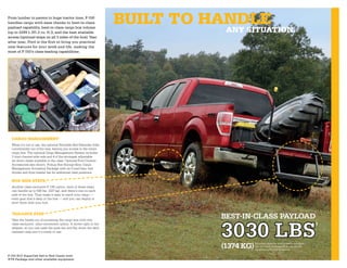 From lumber to pavers to huge tractor tires, F-150
handles cargo with ease thanks to best-in-class                      builT To handle
payload capability, best-in-class cargo box volume
(up to 2299 L [81.2 cu. ft.]), and the best available                           any siTuaTion.
access (optional steps on all 3 sides of the box). Year
after year, Ford is the first to bring you practical
new features for your work and life, making the
most of F-150’s class-leading capabilities.




  Cargo managemenT
  When it’s not in use, the optional Stowable Bed Extender folds
  conveniently out of the way, leaving you access to the entire
  cargo box. The optional Cargo Management System includes
  2 dual-channel side rails and 4 of the strongest adjustable
  tie-down cleats available in the class. Optional Ford Custom
  Accessories also shown: Pickup Box Storage Bins; Cargo
  Management Accessory Package with its 2 load bars, bed
  divider and front header bar for additional cleat positions.

  box side sTeps
  Another class-exclusive F-150 option, each of these steps
  can handle up to 500 lbs. (227 kg), and there’s one on each
  side of the box. They make it easy to reach your cargo —
  even gear that’s deep in the box — and you can deploy or
  stow them with your foot.


  TailgaTe sTep
                                                                                   best-in-class Payload

                                                                                   3030 lbs
  Take the hassle out of accessing the cargo box with this
  class-exclusive, ultra-convenient option. It stows right in the                                                                                1
  tailgate, so you just raise the grab bar and flip down the skid-
  resistant step and it’s ready to use.



                                                                                   (1374 kg)
                                                                                               1
                                                                                                   Maximum capability when properly equipped.
                                                                                                   See your Ford of Canada Dealer for specific
                                                                                                   equipment and other limitations.

F-150 XLT SuperCab 4x4 in Red Candy with
XTR Package and other available equipment.
 