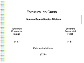 Estrutura do CursoEstrutura do Curso
Módulo Competências Básicas
Encontro
Presencial
Inicial
Encontro
Presencial
Final
(4 h) (4 h)
Estudos Individuais
(32 h)
 