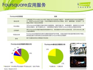 Foursquare应用服务

          Foursquare应用类型                                       说明

                                   主要是基于iPhone和Android两个智能手机平台的客户端软件，其他操作系统平台的应用数量较
                  移动应用             少。结合Foursquare产品线，开发应用服务内容涉及社交网络、音乐、健康保健、生活旅行、应
                                   用聚合等多个热点应用领域
                                   与Foursquare应用服务关联应用的互联网网站，提供位置分享，多媒体服务、搜索和交友互动等
                  Web网站
                                   多种应用服务，除手机媒体以外，互联网网站丰富用户获取Foursquare相关应用服务的体验
                                   将Foursquare应用服务集成到其他媒体平台，例如更新WorldPress发布内容，在Facebook上展
                  应用插件
                                   示虚拟徽章等
                                   Foursquare应用服务结合跨平台媒体或其他IT技术领域，创造全新的可视化服务模式和用户体验，
                 可视化应用
                                   例如通过楼宇内部或商业区的液晶屏关联Foursquare相关应用服务

                   游戏              基于位置信息和社交网络的手机游戏



            Foursquare应用服务类型分布                       Foursquare移动应用费用分布
                          9%
                 3%                                   23%
               5%

             6%                      39%




           38%
                                                                       77%

移动应用        Web网站          应用插件   可视化应用    游戏   其他          免费应用    付费应用                     18
Source：iResearch,2010-6
 