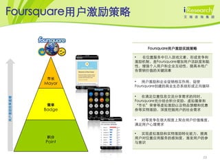 Foursquare用户激励策略


                       Foursquare用户激励实践策略

                   • 在位置服务中引入游戏元素，形成竞争和
                   激励机制，是Foursquare增加用户活跃度和黏
                   性，增强个人用户和企业互动性，提高本地广
                   告营销价值的关键因素

            市长
                   •  用户激励和企业促销相互作用，促使
           Mayor
                   Foursquare创建的商业生态系统形成正向循环

                   •  在满足位置信息交流分享需求的同时，
用户激励效果递增




                   Foursquare充分结合积分奖励、虚拟徽章和
            徽章     ‚市长‛荣誉等虚拟激励以及物品馈赠和优惠
           Badge   券等实物激励，深度挖掘用户的社会需求

                   • 对等竞争在很大程度上契合用户价值维度，
                   满足用户心理需求

                   • 实现虚拟激励和实物激励转化能力，提高
            积分     用户对位置应用服务的感知度，激发用户的参
           Point   与意识



                                            23
 