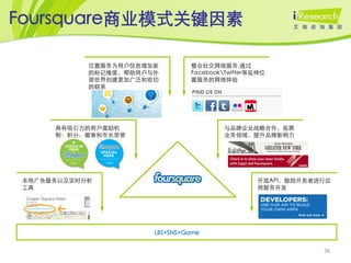 Foursquare商业模式关键因素

            位置服务为用户信息增加新        整合社交网络服务,通过
            的标记维度，帮助用户与外        FacebookTwitter等延伸位
            部世界创建更加广泛和密切        置服务的网络体验
            的联系




      具有吸引力的用户激励机                       与品牌企业战略合作，拓展
      制：积分、徽章和市长荣誉                      业务领域，提升品牌影响力




 本地广告服务以及实时分析                                    开放API，鼓励开发者进行应
 工具                                              用服务开发




                       LBS+SNS+Game


                                                             26
 